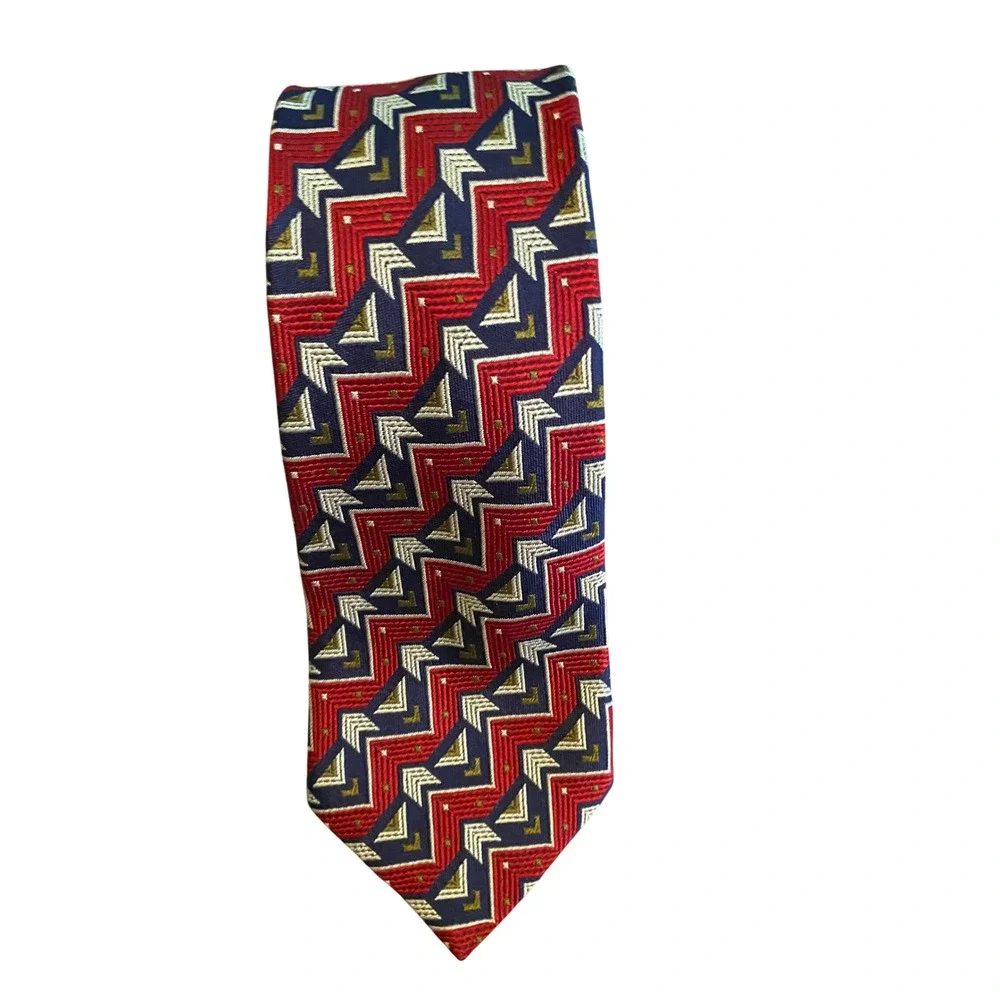 Vintage Geometric Zigzag Chevron Silk Tie Red Navy Blue Gold‎ Woven Necktie